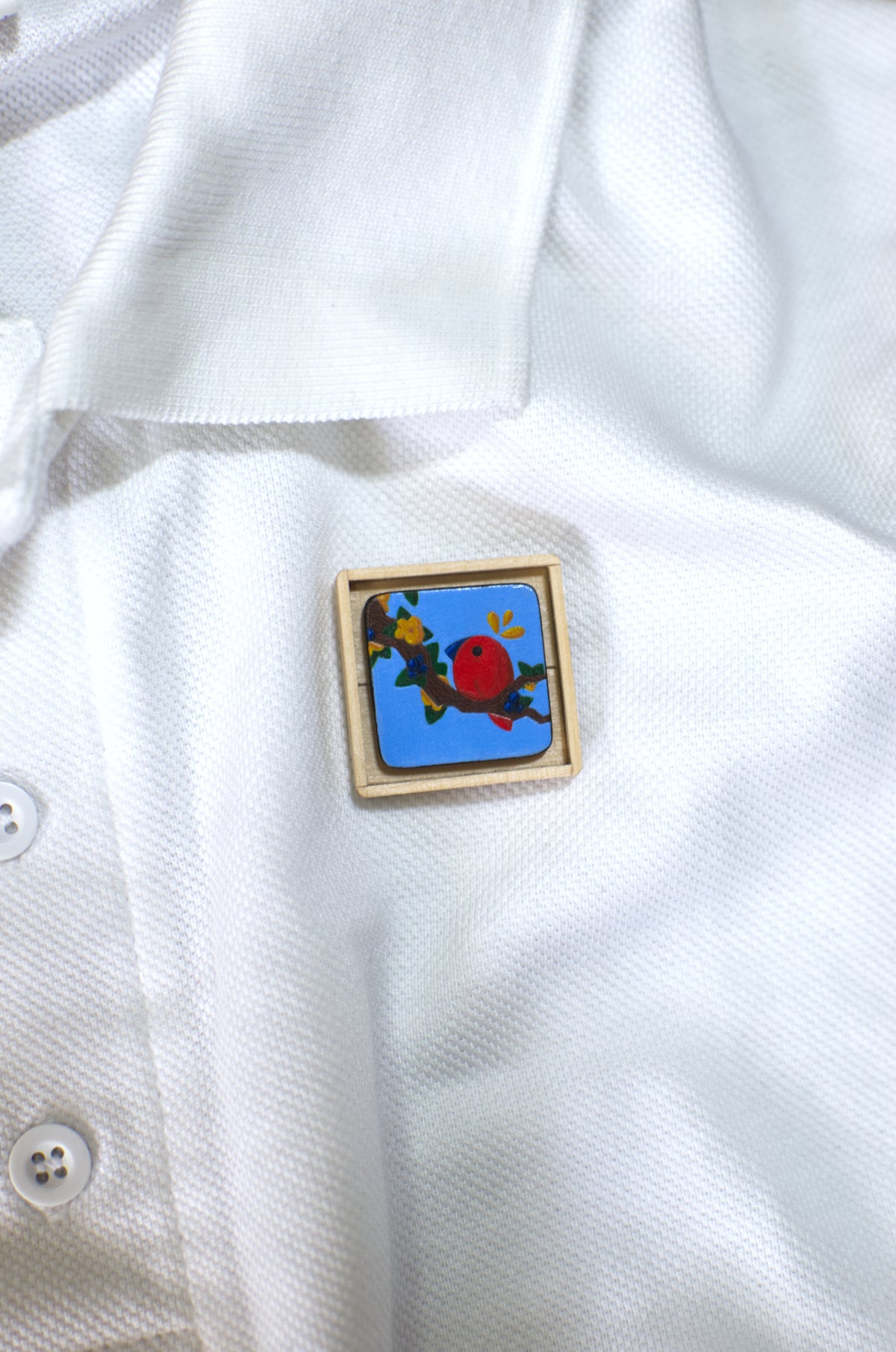 Hand-painted lapel pin, A Tiny Painting Titled 'Red Feathered Friend' | Pin | Lapel Pin | Brooch | Hand made