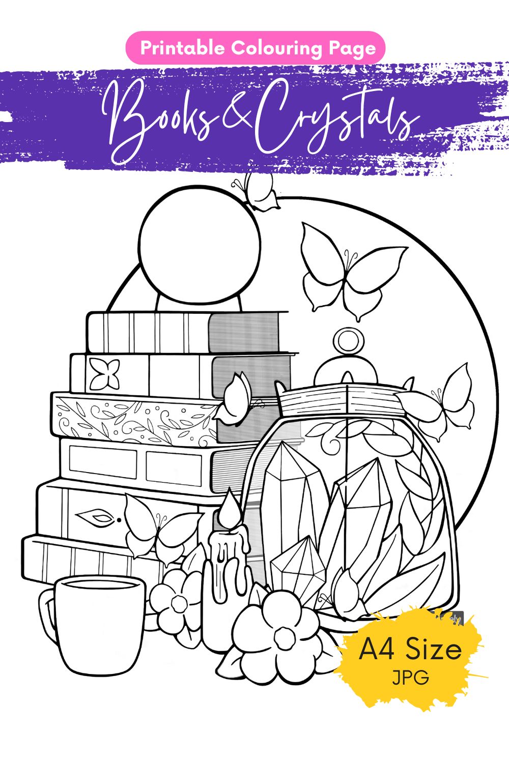 DIGITAL PRODUCT - 'Books & Crystals' Colouring Page Design | Size: A4(29.5x21cm) | JPG