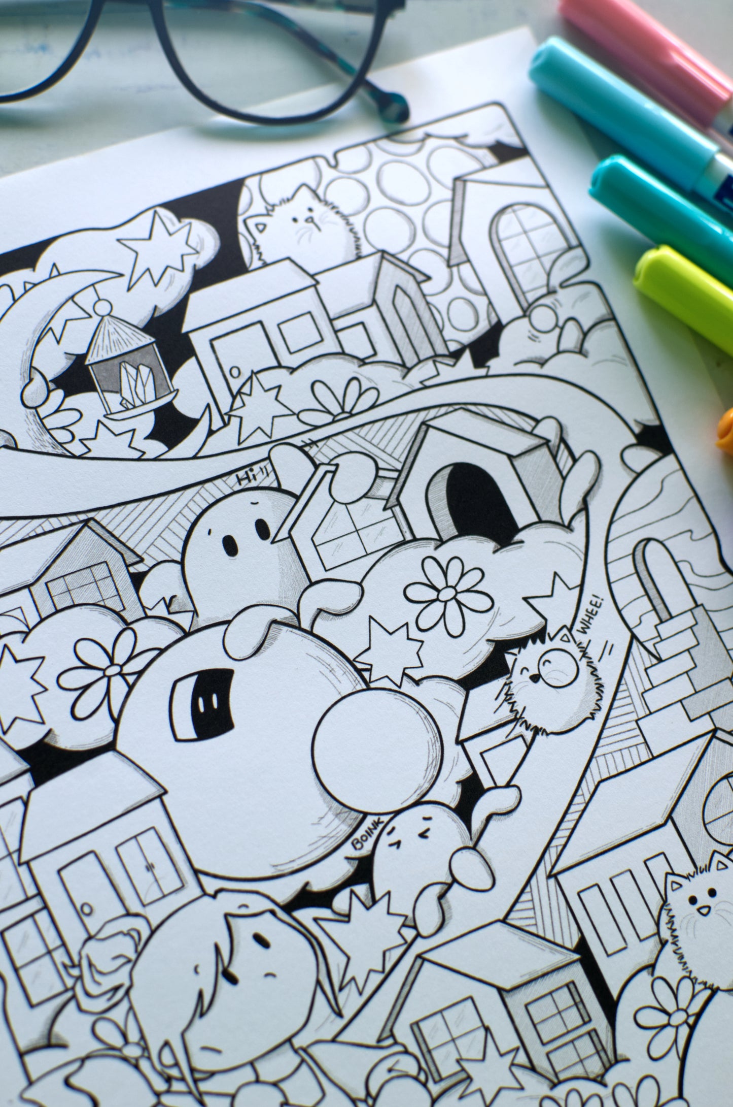 DIGITAL PRODUCT - 'Cats, Clouds & Cosmic Things' Colouring Page Design | Size: A4(29.5x21cm) | JPG