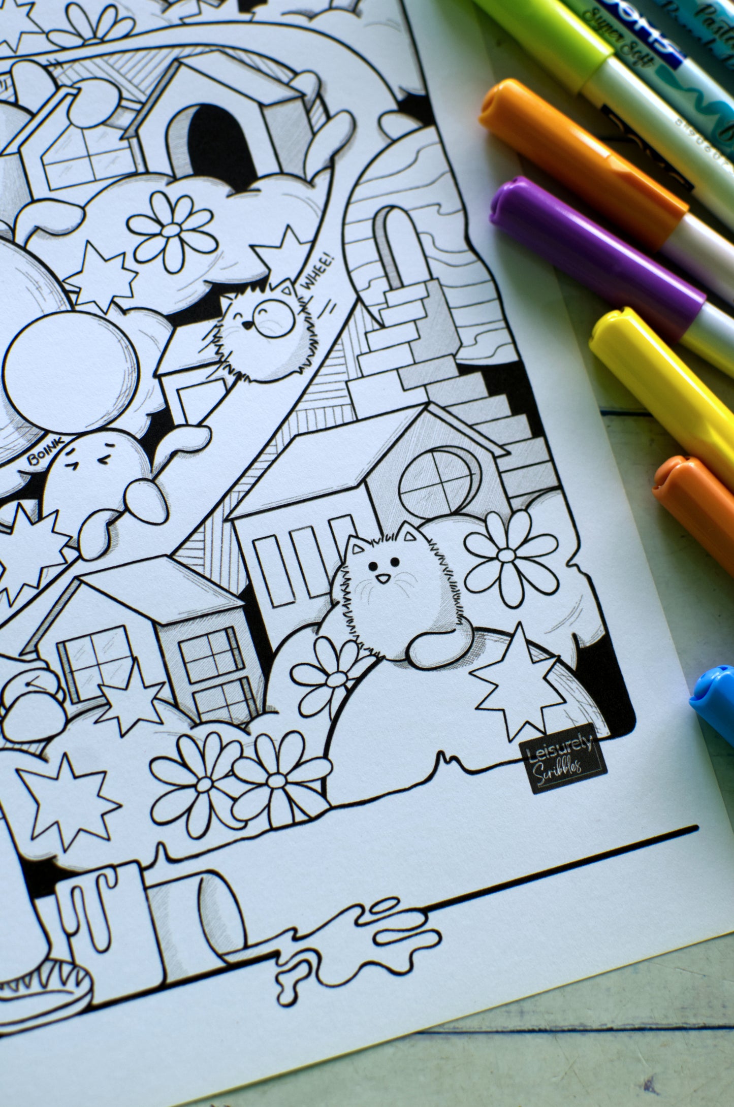 DIGITAL PRODUCT - 'Cats, Clouds & Cosmic Things' Colouring Page Design | Size: A4(29.5x21cm) | JPG