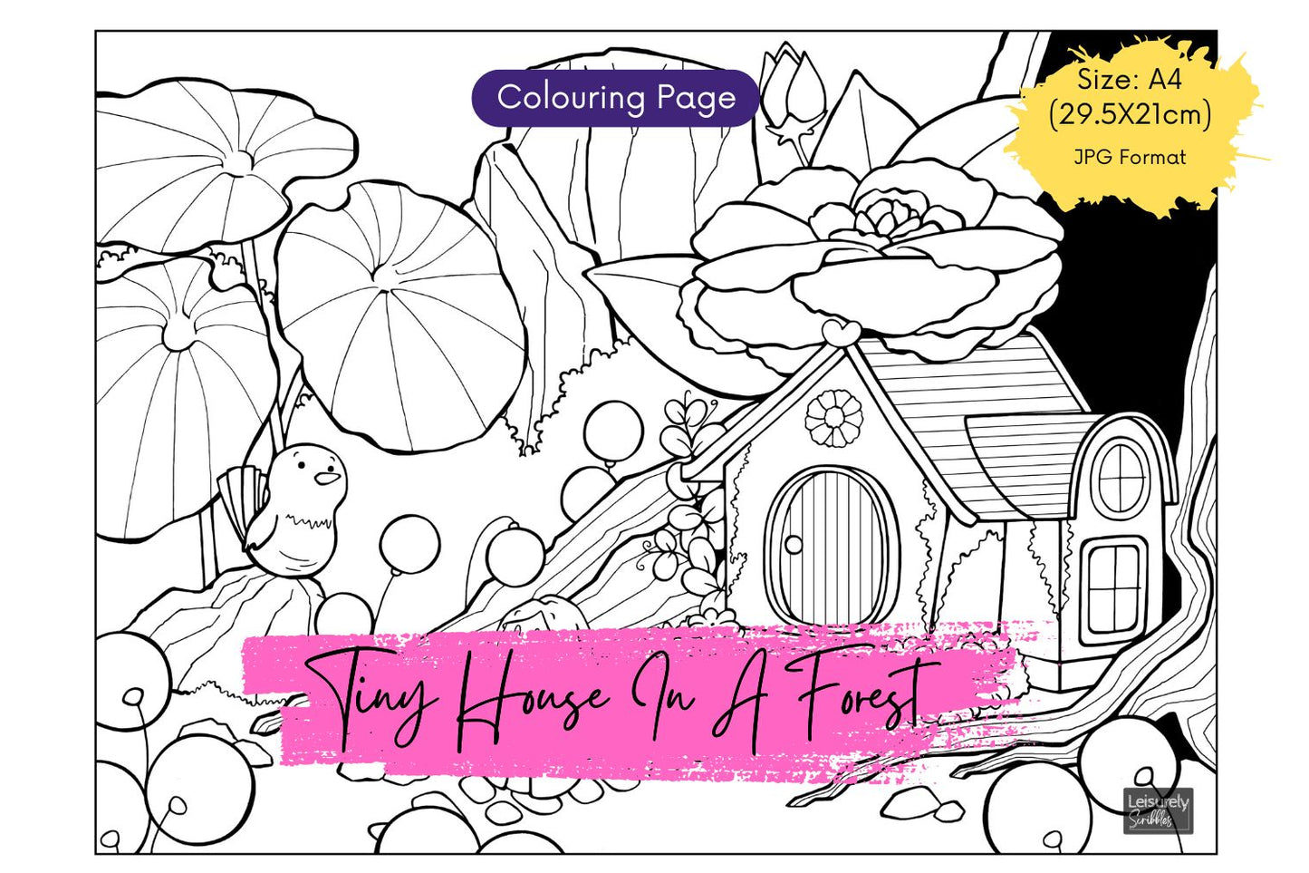 DIGITAL PRODUCT - 'Tiny House In A Forest' Colouring Page Design | Size: A4(29.5x21cm) | JPG