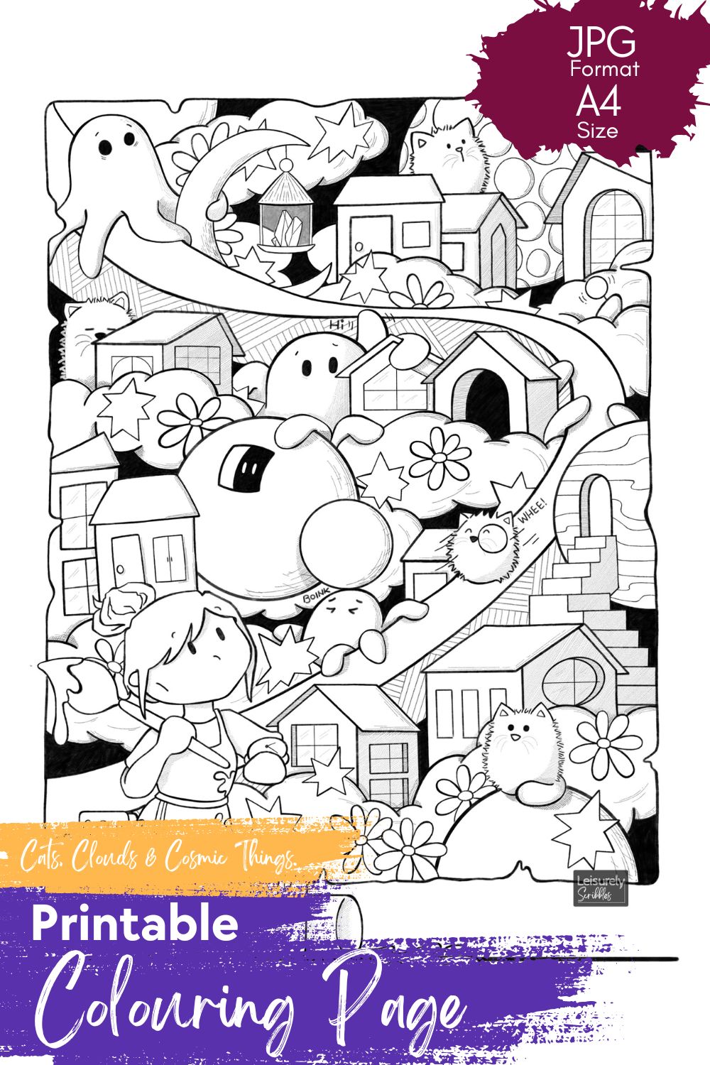 DIGITAL PRODUCT - 'Cats, Clouds & Cosmic Things' Colouring Page Design | Size: A4(29.5x21cm) | JPG
