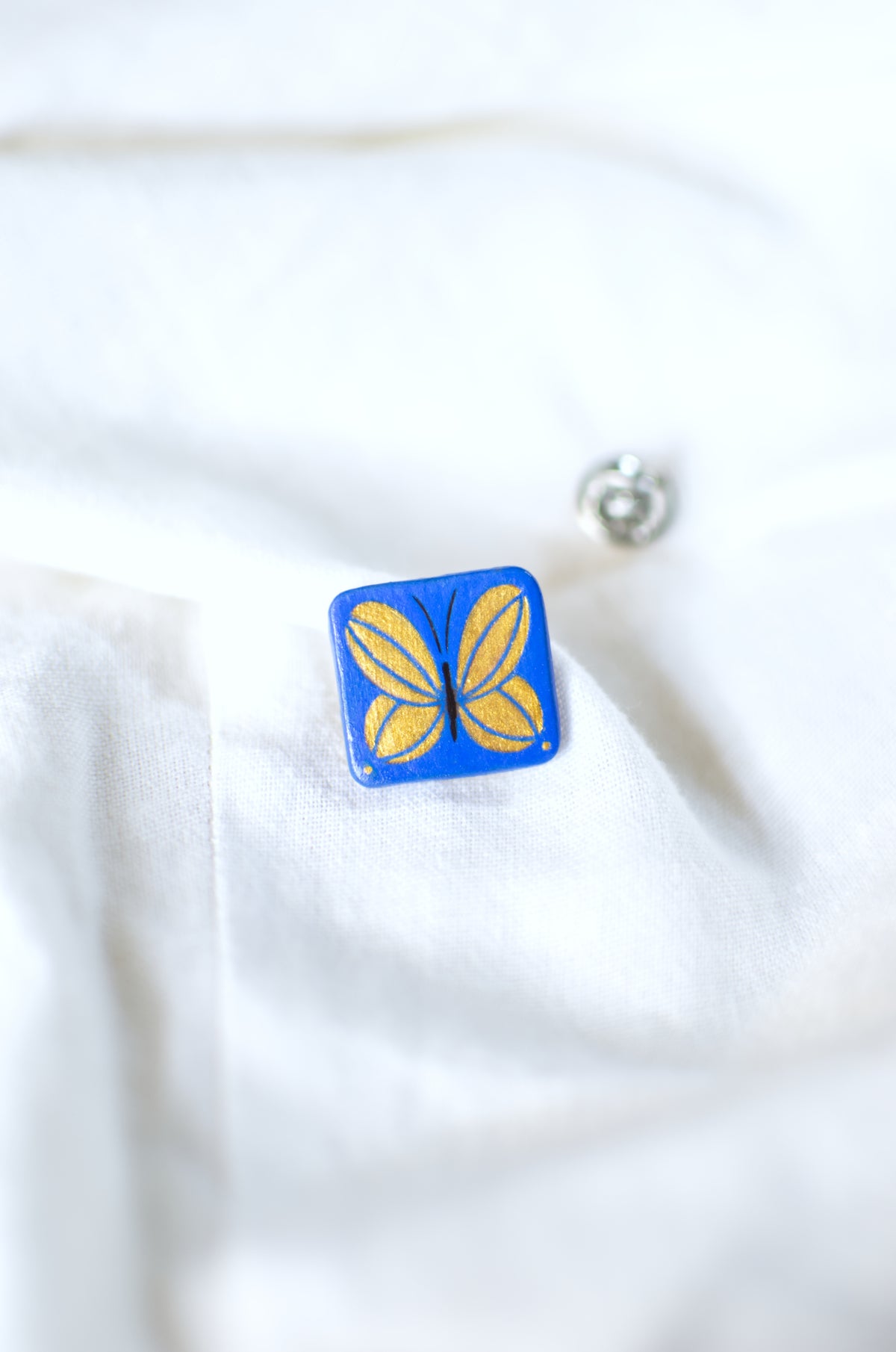 Tiny Painting You Can Wear: Electric Blue-Gold Butterfly Pin | Lapel Pin | Brooch