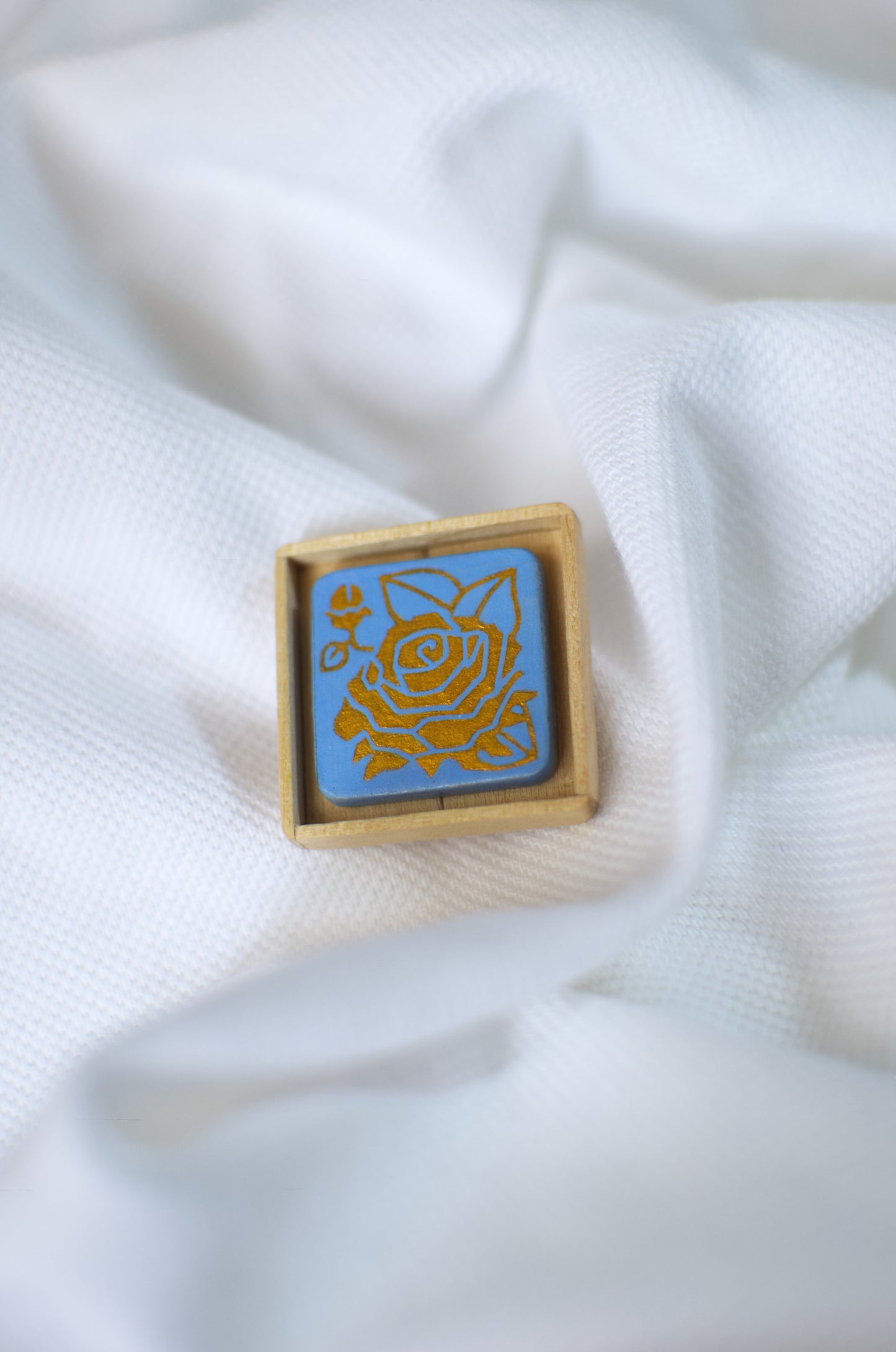 Tiny Painting You Can Wear: Sky Blue-Gold Rose Pin | Framed | Lapel Pin | Brooch