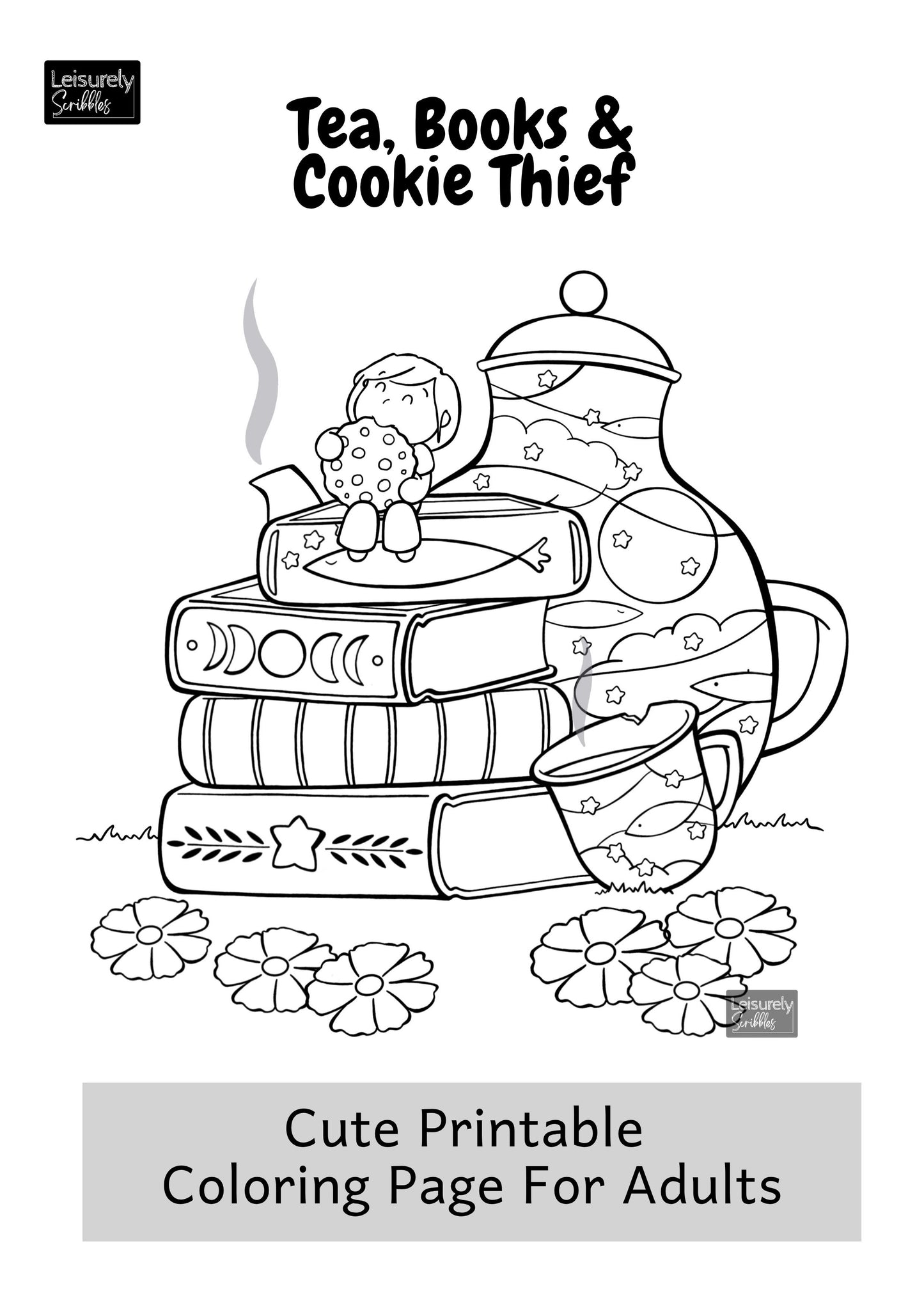Adult Coloring Page: 'Tea, Books & Cookie Thief' Easy & Cute Printable Coloring Page for Adults | A4(29.5x21cm) | JPG