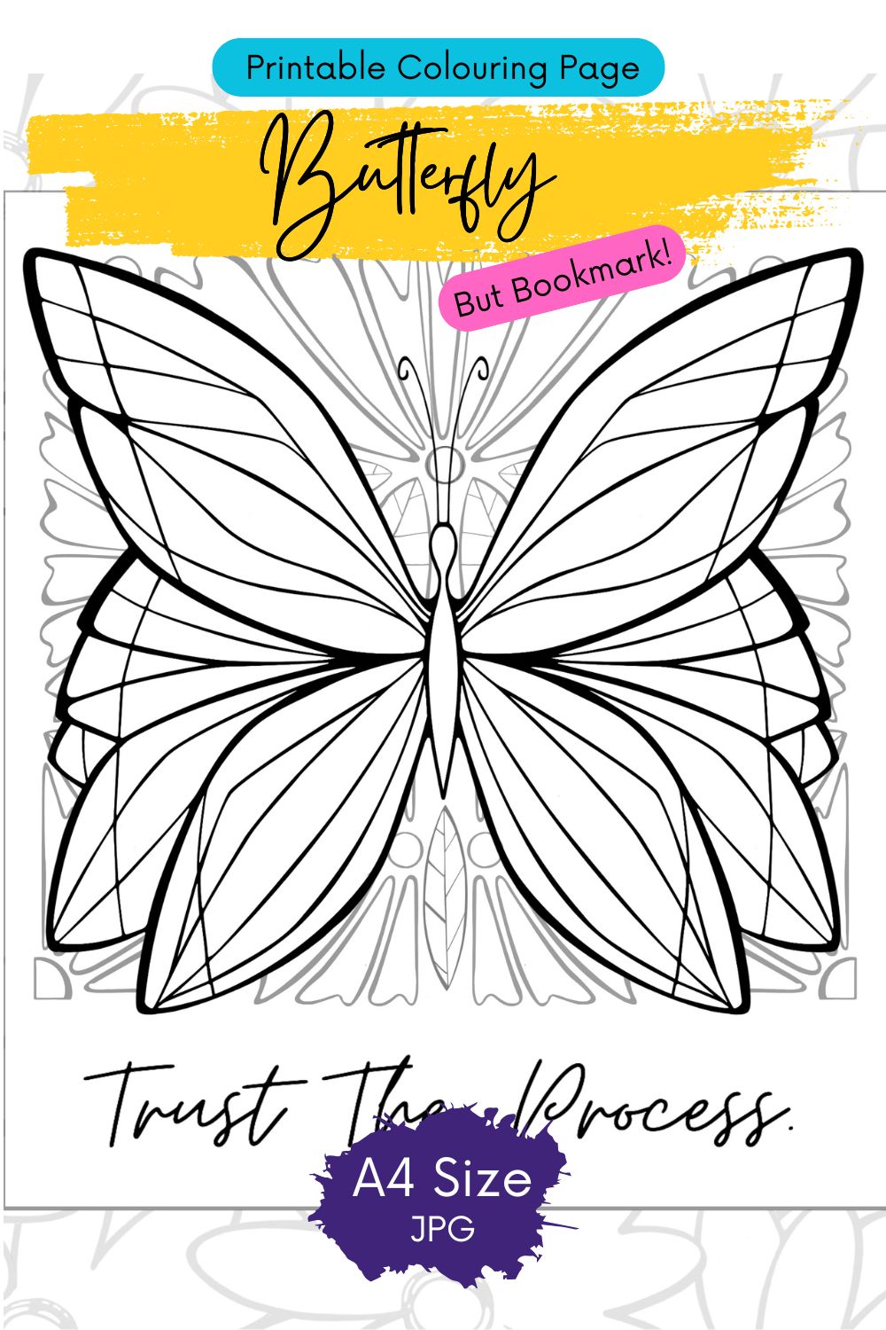 DIGITAL PRODUCT - 'Butterfly' 3 Colouring Page Designs + Bookmark | Sizes:A4(21x29.5cm) A5(14.8x21cm) & 14.8x14.8cm | JPG