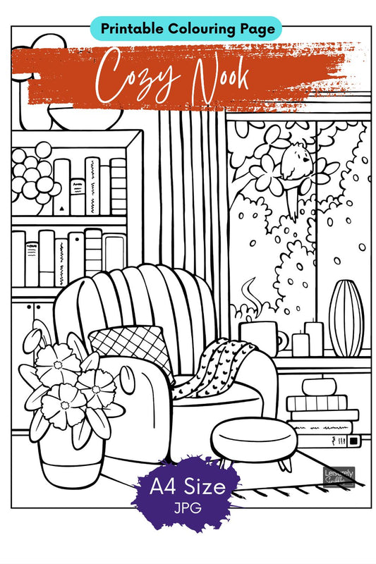 DIGITAL PRODUCT - 'Cozy Nook' Colouring Page Design | Size: A4(21x29.5cm) | JPG