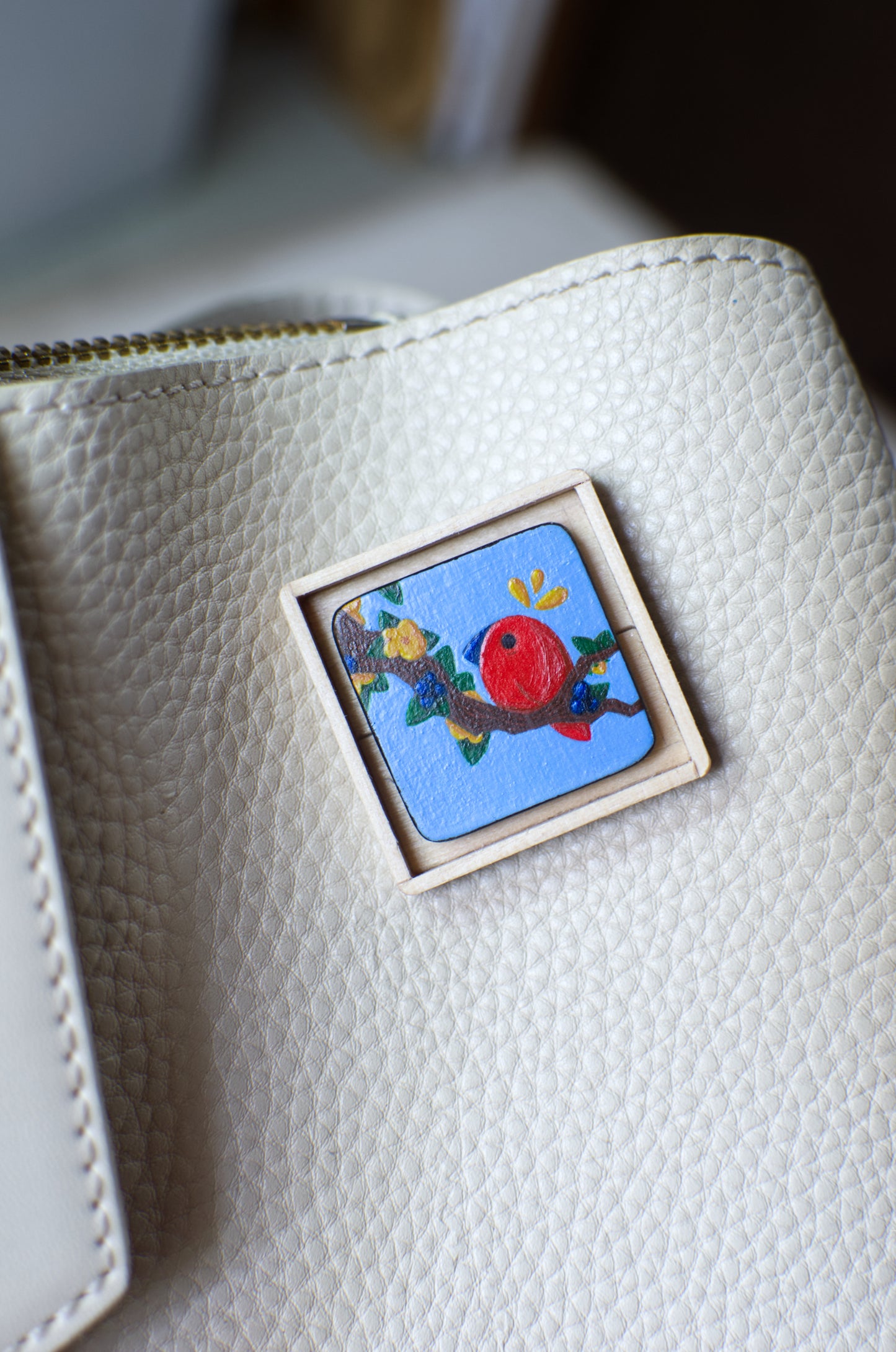 Hand-painted lapel pin, A Tiny Painting Titled 'Red Feathered Friend' | Pin | Lapel Pin | Brooch | Hand made