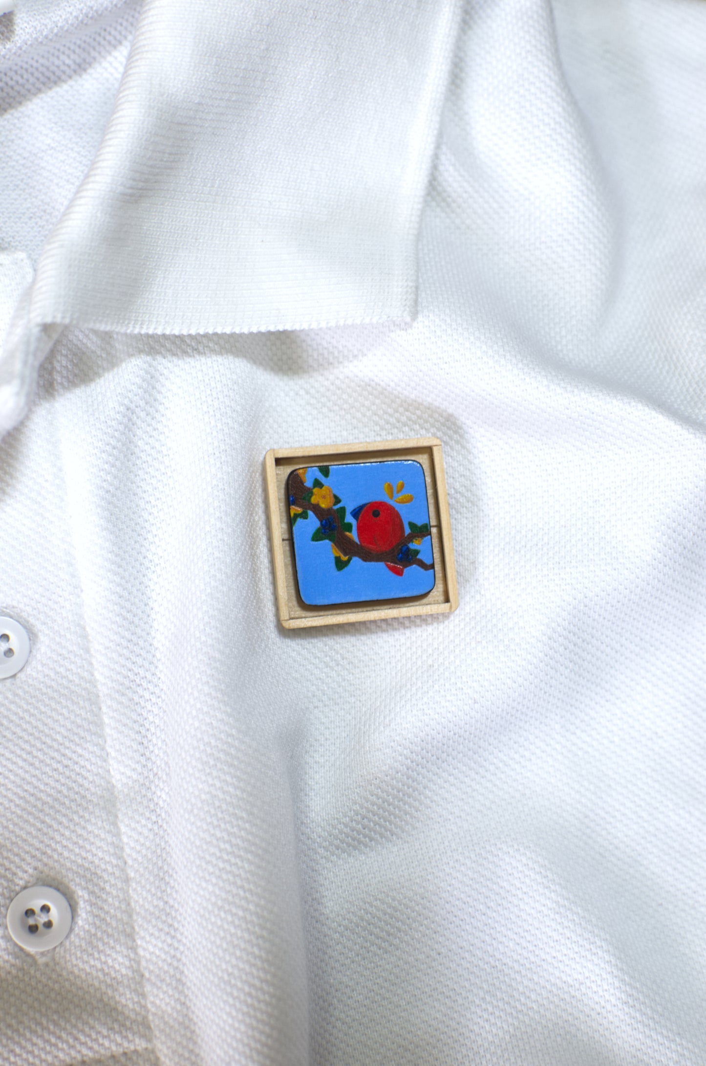 Hand-painted lapel pin, A Tiny Painting Titled 'Red Feathered Friend' | Pin | Lapel Pin | Brooch | Hand made