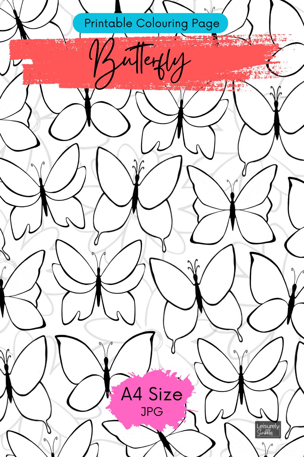 DIGITAL PRODUCT - 'Butterfly' 3 Colouring Page Designs + Bookmark | Sizes:A4(21x29.5cm) A5(14.8x21cm) & 14.8x14.8cm | JPG