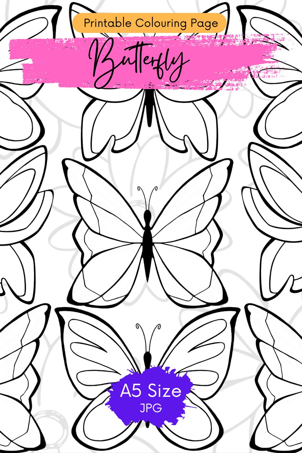 DIGITAL PRODUCT - 'Butterfly' 3 Colouring Page Designs + Bookmark | Sizes:A4(21x29.5cm) A5(14.8x21cm) & 14.8x14.8cm | JPG