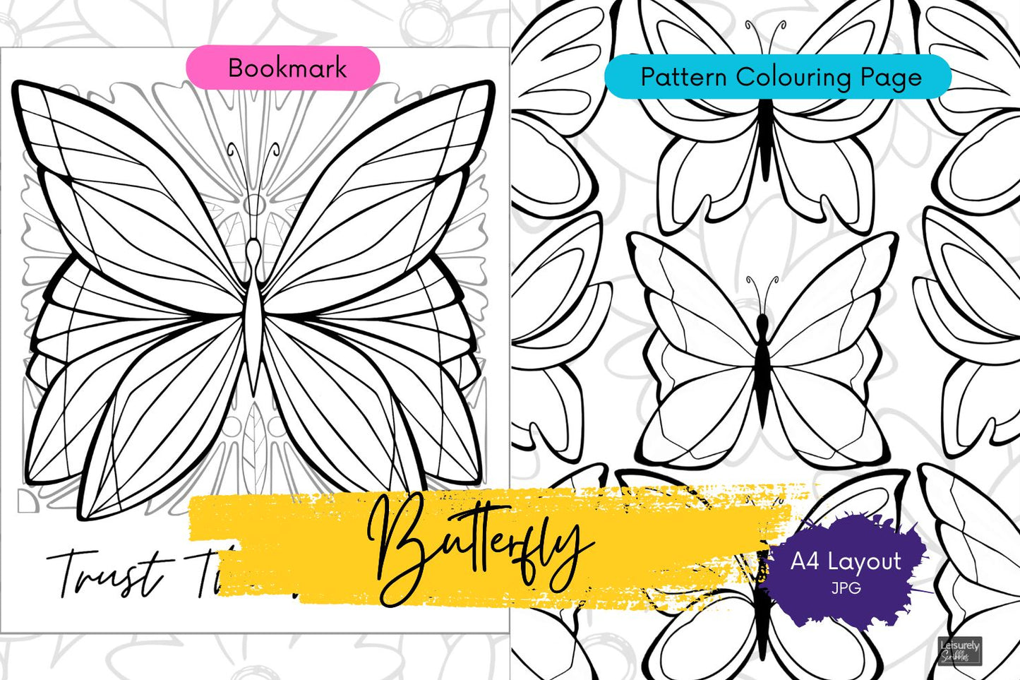 DIGITAL PRODUCT - 'Butterfly' 3 Colouring Page Designs + Bookmark | Sizes:A4(21x29.5cm) A5(14.8x21cm) & 14.8x14.8cm | JPG