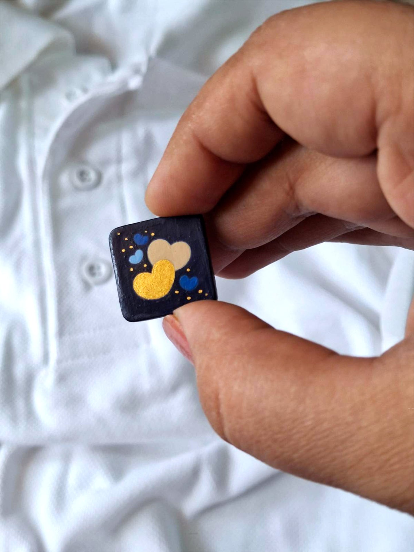 Tiny Painting You Can Wear: Electric Blue, Navy Blue, Red-Gold Hearts Pin | Lapel Pin | Brooch
