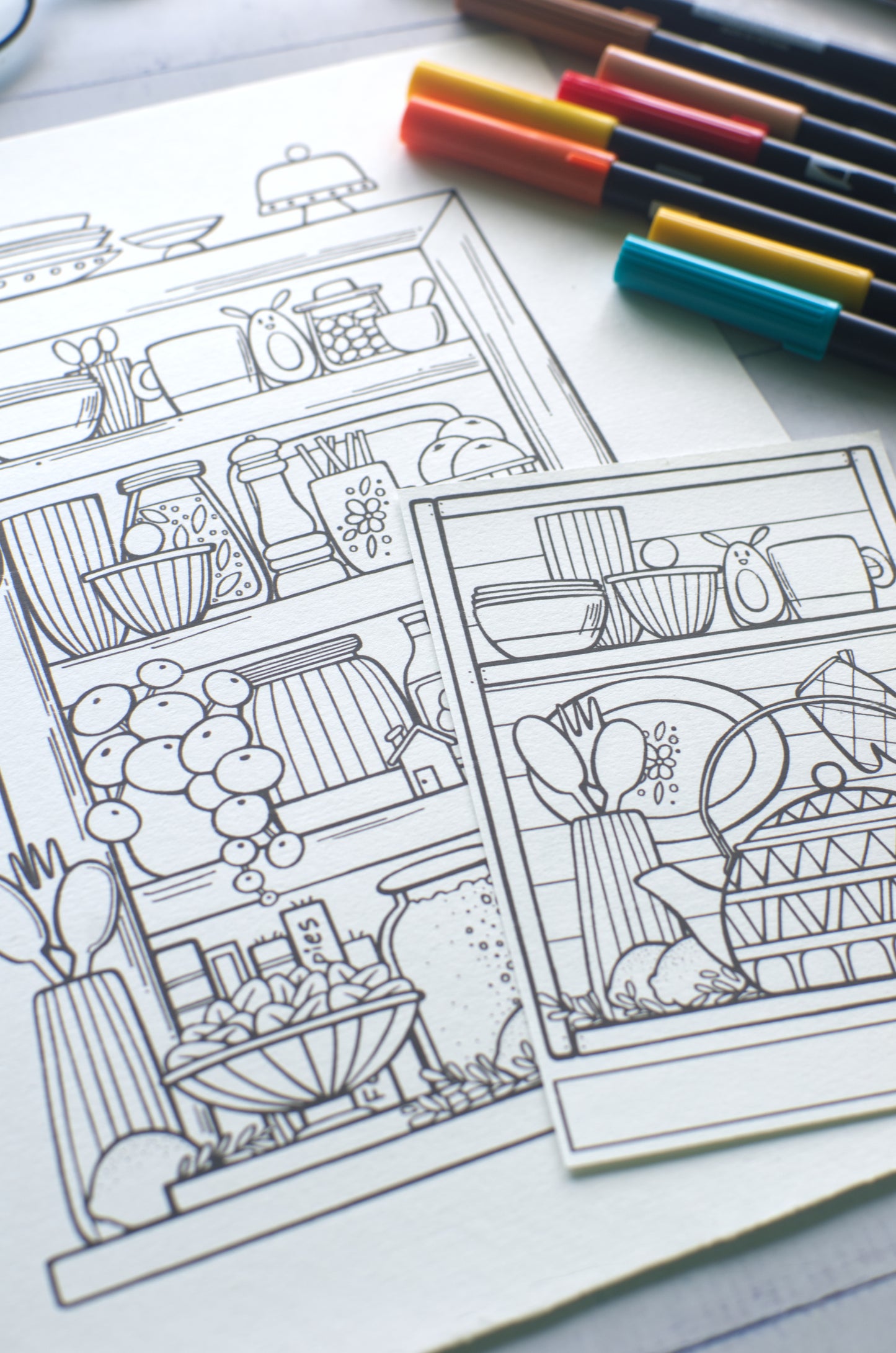 DIGITAL PRODUCT - 'Kitchen Shelf' Colouring Page | 2 Variations  | A4 | A5 & A6 Sizes