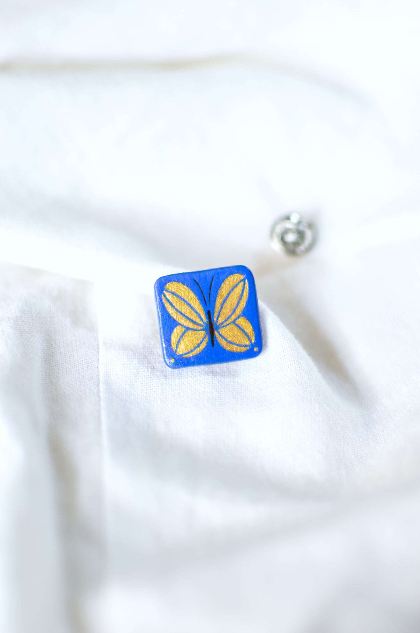 Tiny Painting You Can Wear: Electric Blue-Gold Butterfly Pin | Lapel Pin | Brooch