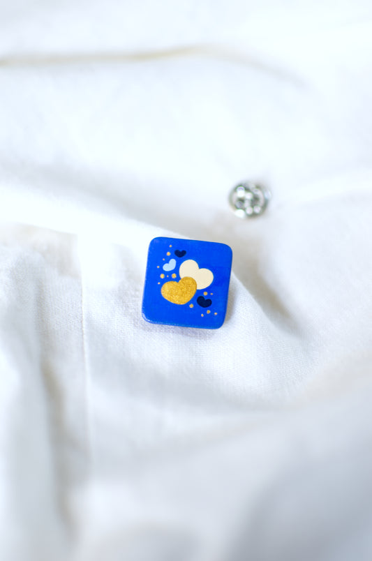 Wear Your Art: Electric Blue-Gold Hearts Pin | Lapel Pin | Brooch