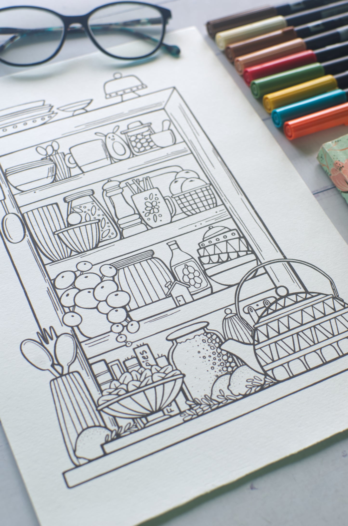 DIGITAL PRODUCT - 'Kitchen Shelf' Colouring Page | 2 Variations  | A4 | A5 & A6 Sizes