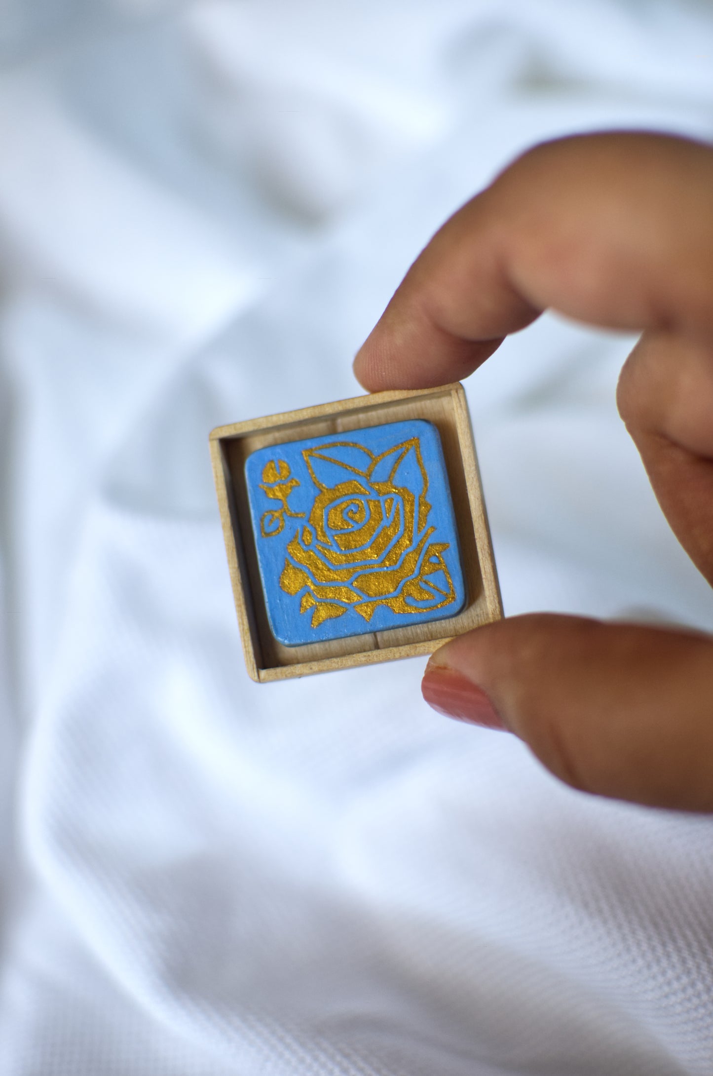 Tiny Painting You Can Wear: Sky Blue-Gold Rose Pin | Framed | Lapel Pin | Brooch