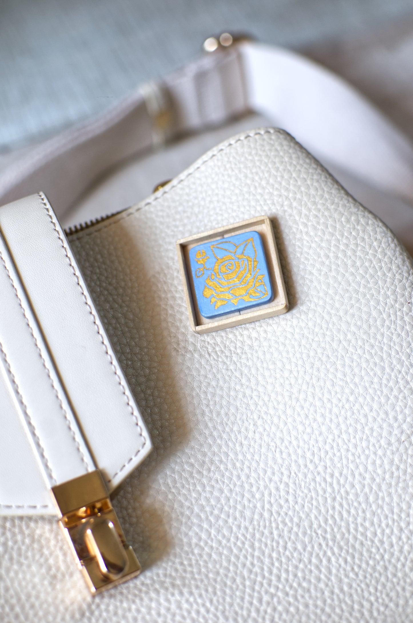 Tiny Painting You Can Wear: Sky Blue-Gold Rose Pin | Framed | Lapel Pin | Brooch