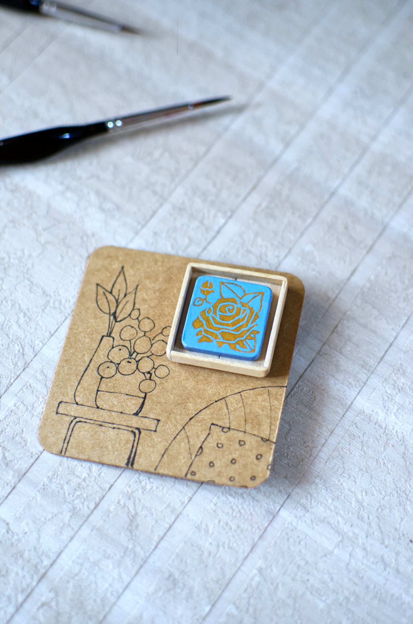 Tiny Painting You Can Wear: Sky Blue-Gold Rose Pin | Framed | Lapel Pin | Brooch