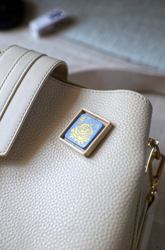Tiny Painting You Can Wear: Sky Blue-Gold Rose Pin | Framed | Lapel Pin | Brooch